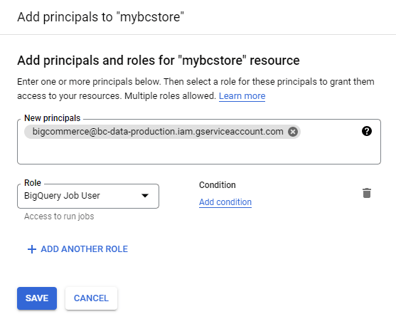 BigCommerce to BigQuery - BigQuery Add Principal & Role